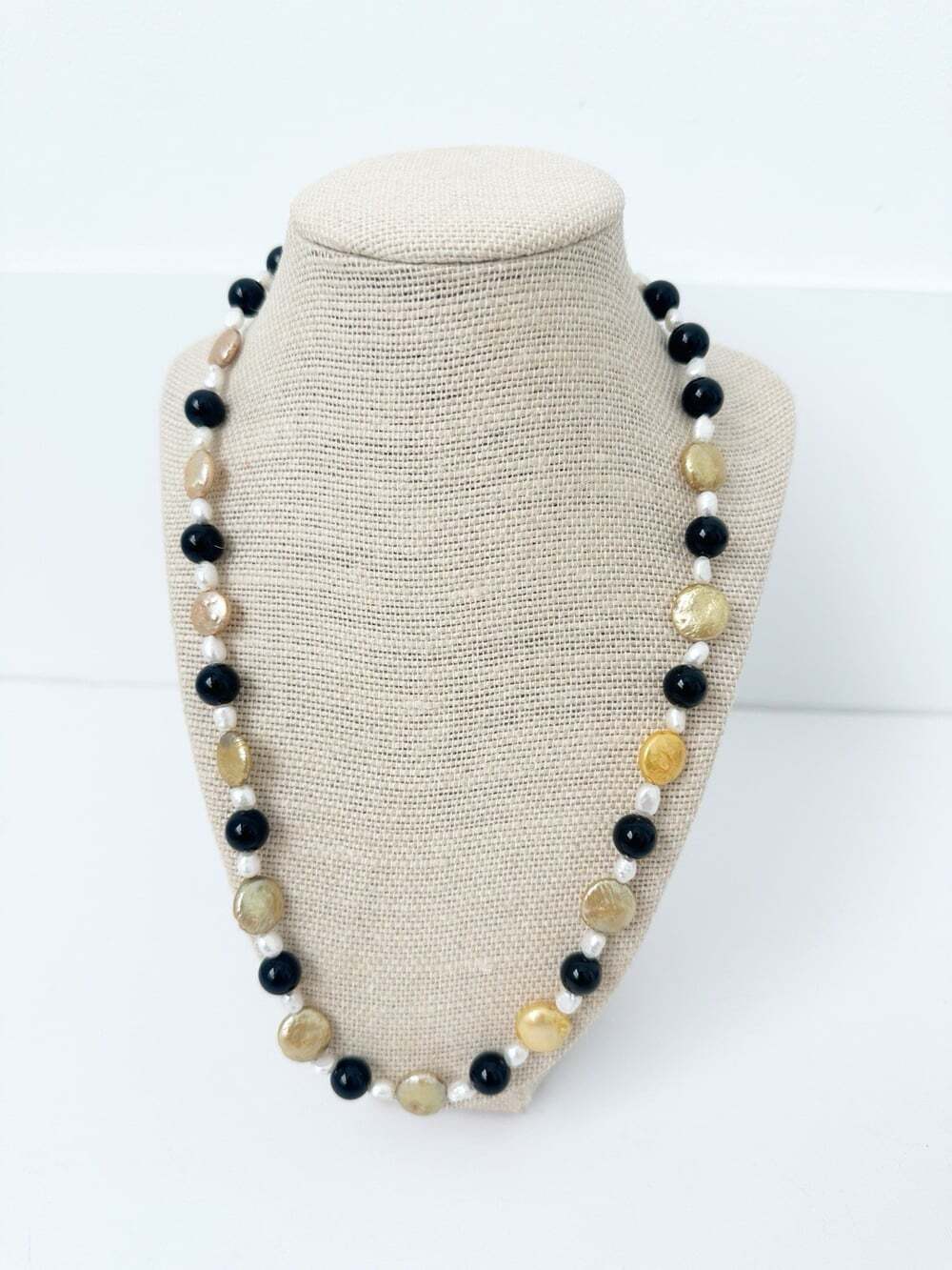 NWT Genuine Black Onyx & Pearls Necklace Gold Black White